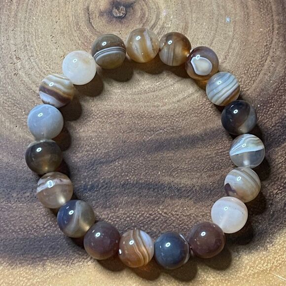 Botswana Agate beaded 10mm beads stretch bracelet striped natural dendrites dend - Picture 7 of 11
